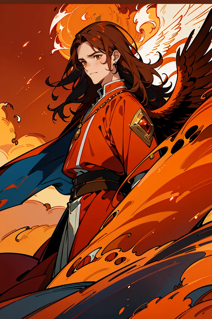 High quality digital painting of a young man with long brown hair and piercing orange eyes, adorned in medieval costume, controlling vibrant flames with a pair of enormous red wings sprouting from his back, intense and powerful, detailed hair and facial features no facial hair and no fire or accessories on the face looking forward, fiery and majestic, fancy, color palette Vibrantes, dramatic lighting