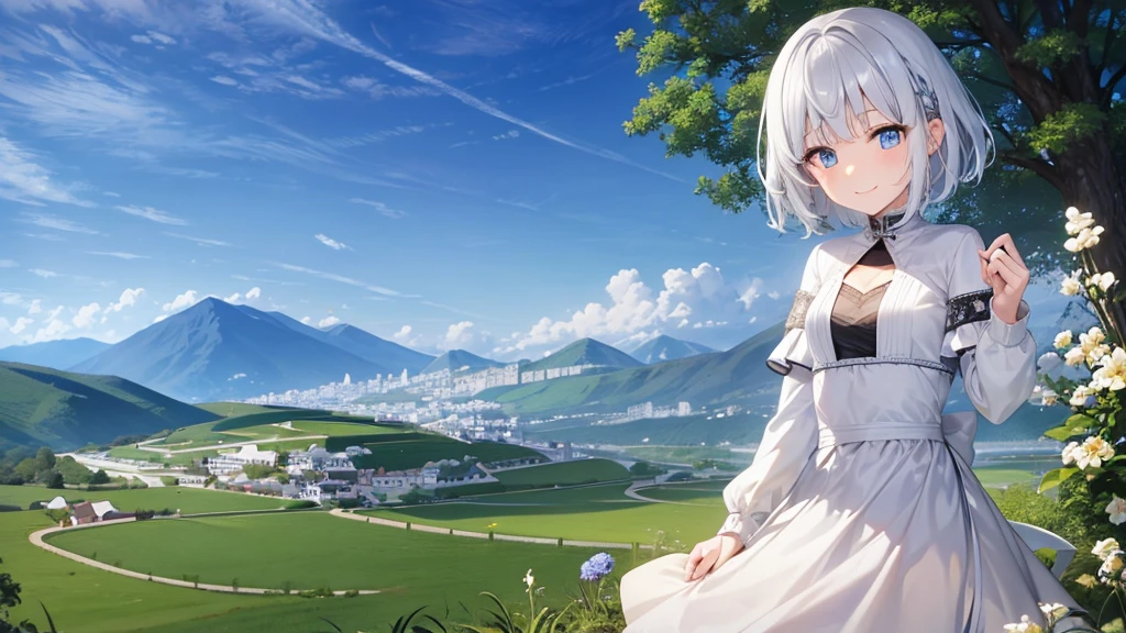 Ultra HD,Look at the viewers, Put your hands behind your back, With a girl, 20-year-old, 非常にShort Hair, Long bangs between the eyes, Pale blue eyes, hoodie, skirt , Very detailed,(masterpiece、Highest quality),Gray Hair、Laughter、Fantastic, Silver Hair, Iris, Short hair、 Fluttering Hair、Small Face、明るいsmile、(Detailed face) ,Professional Lighting,Wonderful landscape,blue sky, sunlight,Looking down from above,Portraiture、Open your mouth、Flower Field、Her eyes were shining、Mysterious and enchanting atmosphere。With AI Painting、とてもShort Hair, Long bangs between the eyes, Very detailed,(masterpiece、Highest quality)、alone、Gray Hair、Fantasy, Silver Hair, Fantasyな風景、White shirt、smile、Open your mouth、short hair、Short Hair、hairpin、black eye、Grey Eyes、Beautiful Eyes、