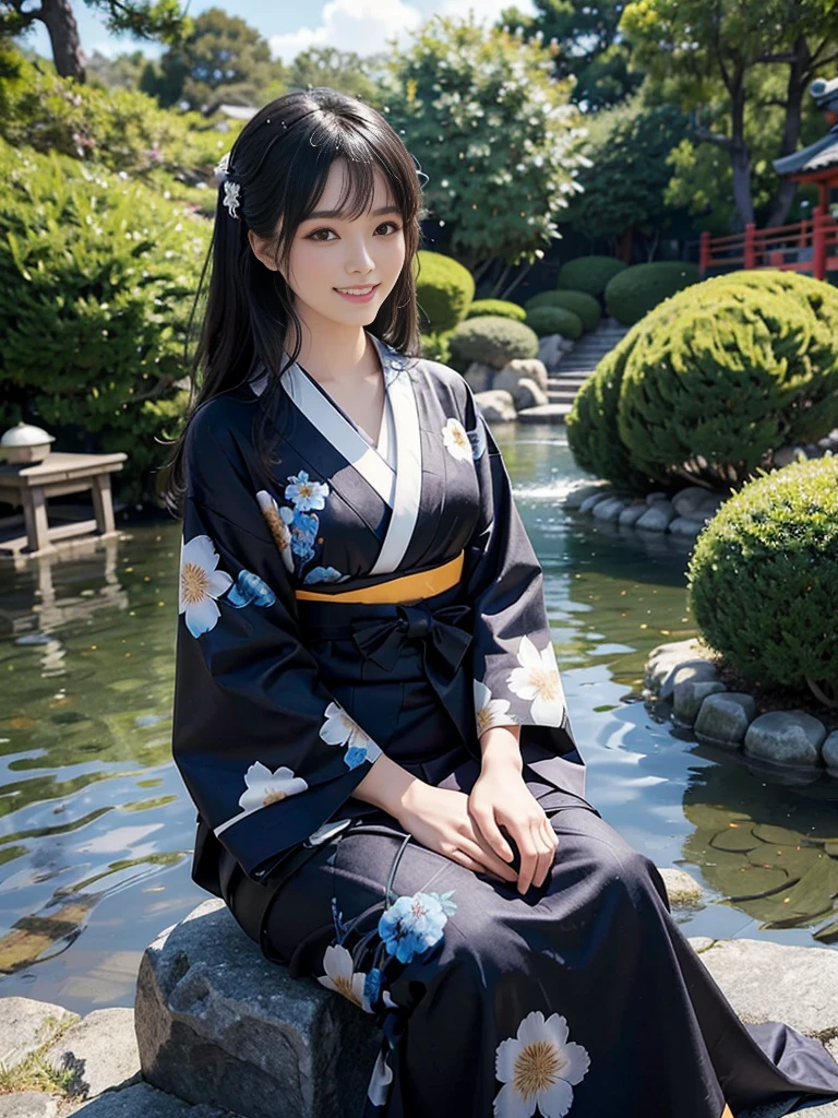 (Ultra-realistic), (Best illustrations), (Increase the resolution), (8K), (masterpiece), (wallpaper), alone, 1 Girl, Looking at the audience, Black straight hair, Slender body, Smile, Yukata with blue floral pattern, Japanese garden