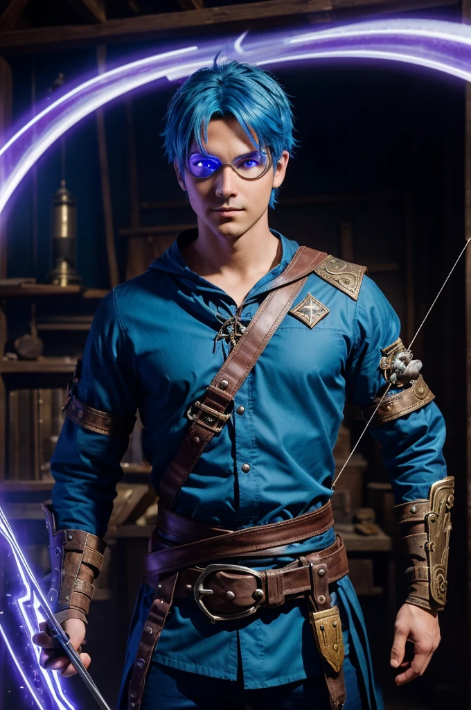 In a world where magic and technology collide, a young artificer finds himself thrust into an unfamiliar realm. With electric blue hair and piercing red eyes, he stands out in his intricate purple outfit, adorned with various gadgets and tools. Oversized enchanted goggles rest on his head, lenses glinting with the promise of invention.

In his hands, he wields a powerful bow and arrow, a masterpiece of his own creation that melds arcane magic with precise engineering. The bow hums with latent energy, each arrow crafted for maximum impact. With determination shining in his eyes, he surveys the new world before him, ready to face any challenge. This is the tale of an artificer who will shape his own destiny, one invention at a time.