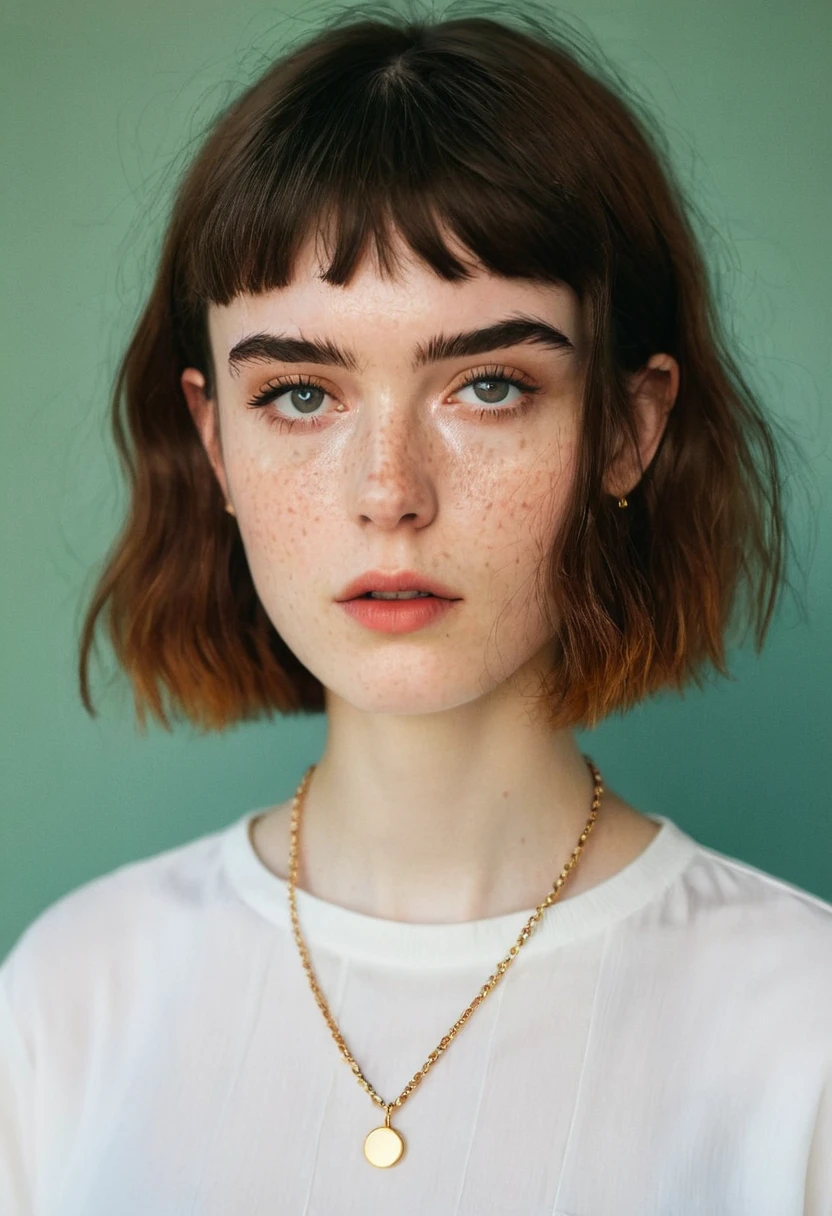 a close up of a woman wearing a necklace and a shirt, french bob, high quality portrait, french bob hair, soft freckles, beautiful thin face, lily frank, Charli Bowater, 50mm portrait, woman face looking off camera, young woman infp, looks like a mix of grimes, she looks like a mix of grimes, white freckles