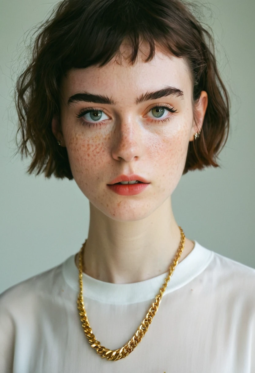 a close up of a woman wearing a necklace and a shirt, french bob, high quality portrait, french bob hair, soft freckles, beautiful thin face, lily frank, Charli Bowater, 50mm portrait, woman face looking off camera, young woman infp, looks like a mix of grimes, she looks like a mix of grimes, white freckles