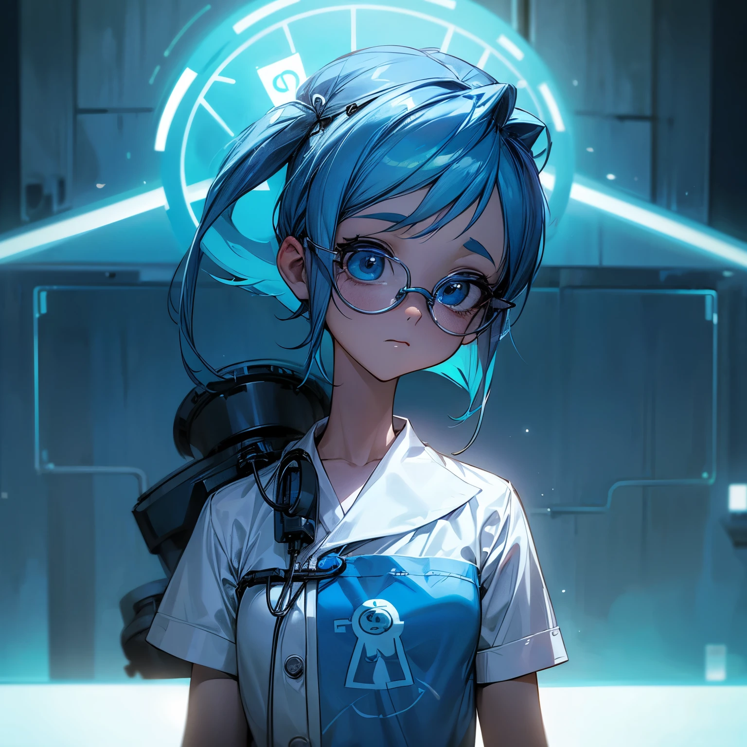 Inside out sadness character,whit characteristic blue color, hair style, eyeglases and body complection, nurse dress, working on a neonatal care unit, cinematographic cartoon style, inside out logo neon ligths on the back wall.