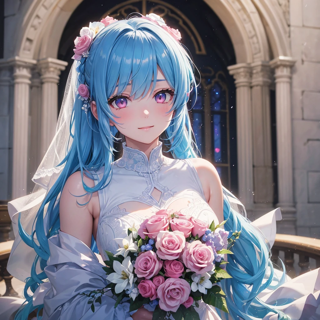 Sky blue hair, (Braided Ponytail),(Pink Eyes),Fair skin ,(whole body),(One girl),bride,A big smile,Straight bangs, 6月のbride,Wedding dress,(masterpiece, Highest quality, Very detailed, Best Shadow), (Detailed Background), (Beautifully detailed face), High Contrast, (Best lighting, Very delicate and beautiful), ((Cinematic Light)), colorful, Hyper Detail, Dramatic Light, Intricate details,Chapel background,A bouquet of roses in the right hand,Ring on left ring finger,