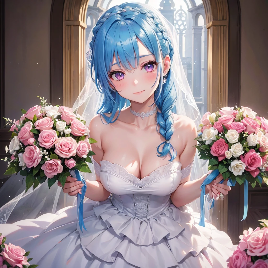 Sky blue hair, (Braided Ponytail),(Pink Eyes),Fair skin ,(whole body),(One girl),bride,A big smile,Straight bangs, 6月のbride,Wedding dress,(masterpiece, Highest quality, Very detailed, Best Shadow), (Detailed Background), (Beautifully detailed face), High Contrast, (Best lighting, Very delicate and beautiful), ((Cinematic Light)), colorful, Hyper Detail, Dramatic Light, Intricate details,Chapel background,A bouquet of roses in the right hand,Ring on left ring finger,