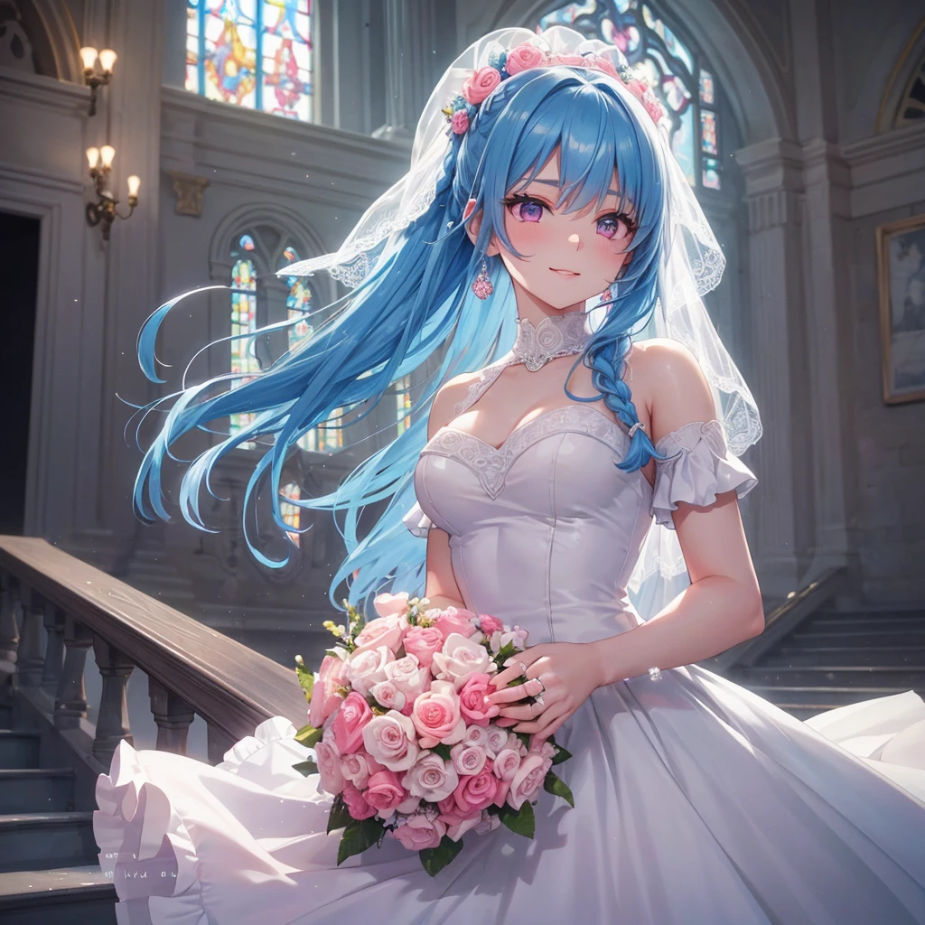 Sky blue hair, (Braided Ponytail),(Pink Eyes),Fair skin ,(whole body),(One girl),bride,A big smile,Straight bangs, 6月のbride,Wedding dress,(masterpiece, Highest quality, Very detailed, Best Shadow), (Detailed Background), (Beautifully detailed face), High Contrast, (Best lighting, Very delicate and beautiful), ((Cinematic Light)), colorful, Hyper Detail, Dramatic Light, Intricate details,Chapel background,A bouquet of roses in the right hand,Ring on left ring finger,