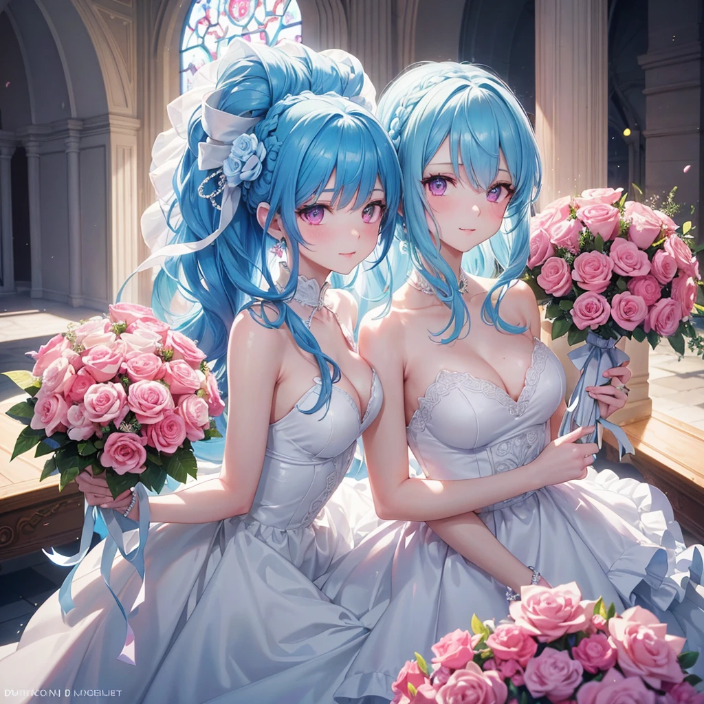 Sky blue hair, (Braided Ponytail),(Pink Eyes),Fair skin ,(whole body),(One girl),bride,A big smile,Straight bangs, 6月のbride,Wedding dress,(masterpiece, Highest quality, Very detailed, Best Shadow), (Detailed Background), (Beautifully detailed face), High Contrast, (Best lighting, Very delicate and beautiful), ((Cinematic Light)), colorful, Hyper Detail, Dramatic Light, Intricate details,Chapel background,A bouquet of roses in the right hand,Ring on left ring finger,