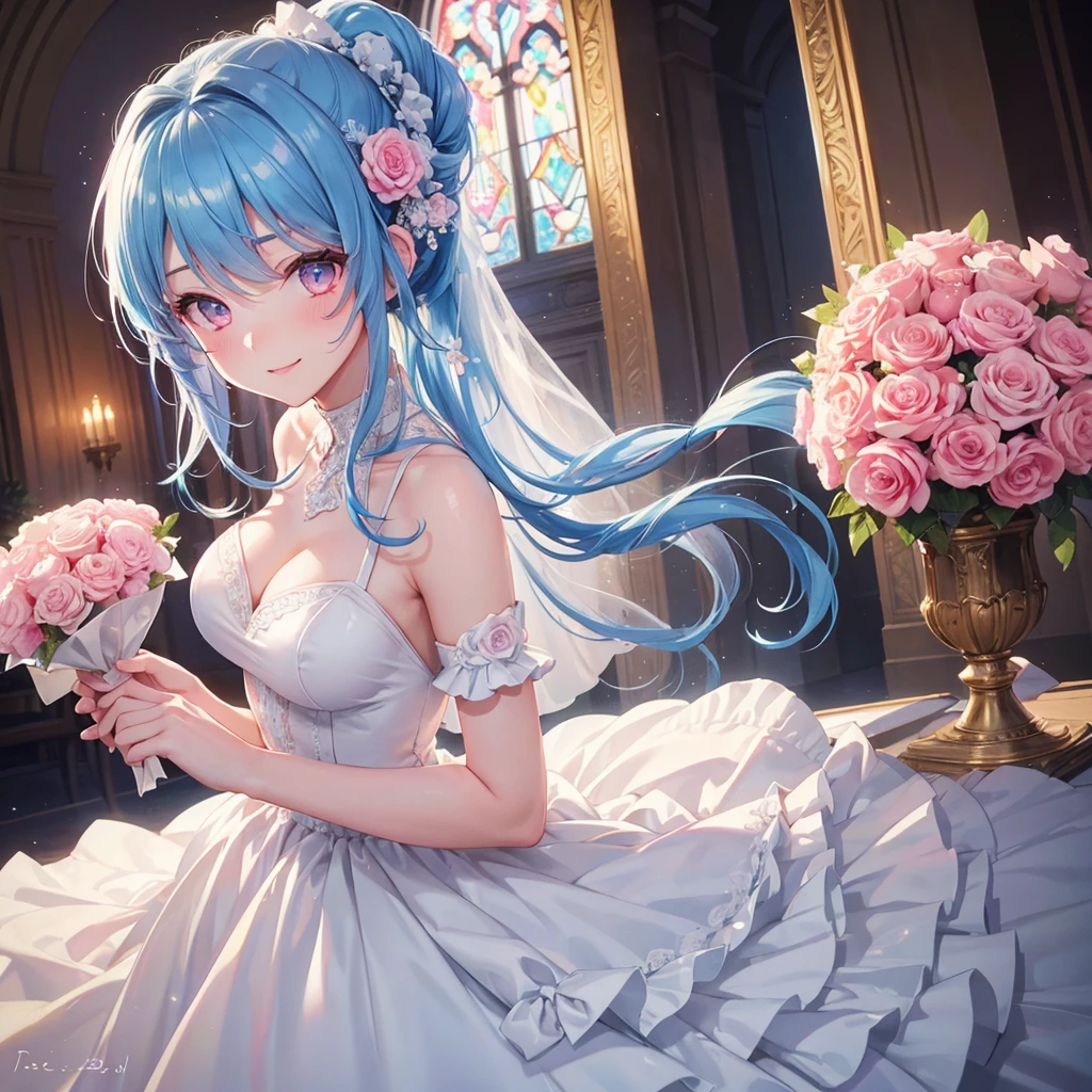 Sky blue hair, (Braided Ponytail),(Pink Eyes),Fair skin ,(whole body),(One girl),bride,A big smile,Straight bangs, 6月のbride,Wedding dress,(masterpiece, Highest quality, Very detailed, Best Shadow), (Detailed Background), (Beautifully detailed face), High Contrast, (Best lighting, Very delicate and beautiful), ((Cinematic Light)), colorful, Hyper Detail, Dramatic Light, Intricate details,Chapel background,A bouquet of roses in the right hand,Ring on left ring finger,