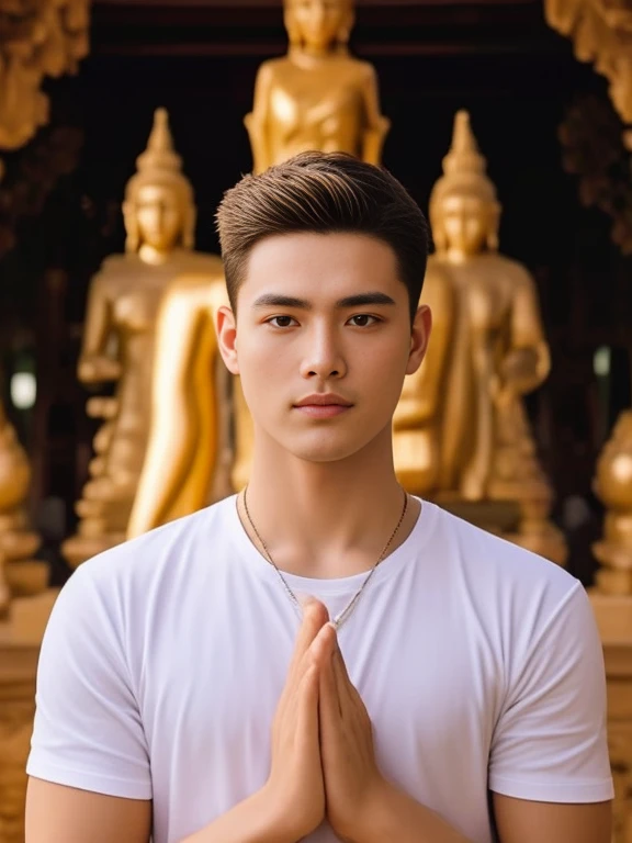 An Araf man stands on the beach with the sunset in the background.., portait photo Profile pictureture, Profile picture, Cleans the wide surface of the face.,  cute young man, headshot Profile pictureture, handsome man, Handsome and charming, Very charming and beautiful, Close-up of a Southeast Asian man with a round face.., black eyes, staring at the viewer, morning sun, ((face details)), Double eyelids, realistic, Masterpiece, Highest quality, lens flare, shade, [[Chromatic aberration, digital painting, 8K, 45,000,000,000 pixels,, t-shirt, short hair, black eyes,abdominal muscles, The body is beautiful and strong..,, (digital painting, HDR, high contrast