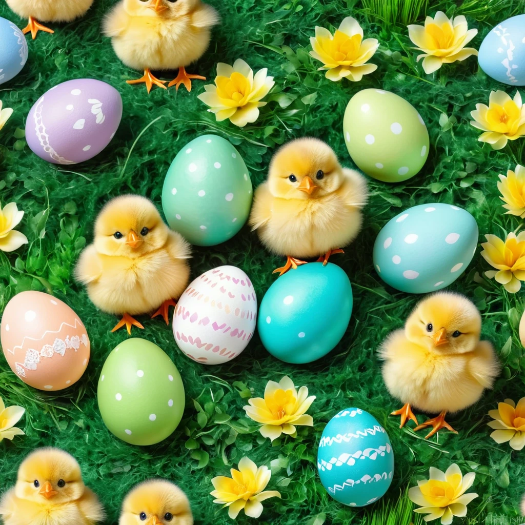Illustrate fluffy Easter chicks hatching from their eggs, surrounded by pastel-colored feathers and fresh green grass.