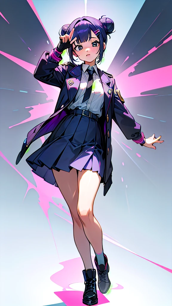 Top Quality, 8K, 4K, High Definition, Detail, (better-quality, 8K, 12), top-quality, 1 girl、purple short bob hair clip tied into a bun、black eyes、small breasts、uniform、gray jacket with pink line、blue skirt、 fingerless gloves、thighs、Ilcha fousing on her, surprise face, having her handon her face, making cute expressing face. picture pose, she is standing up,