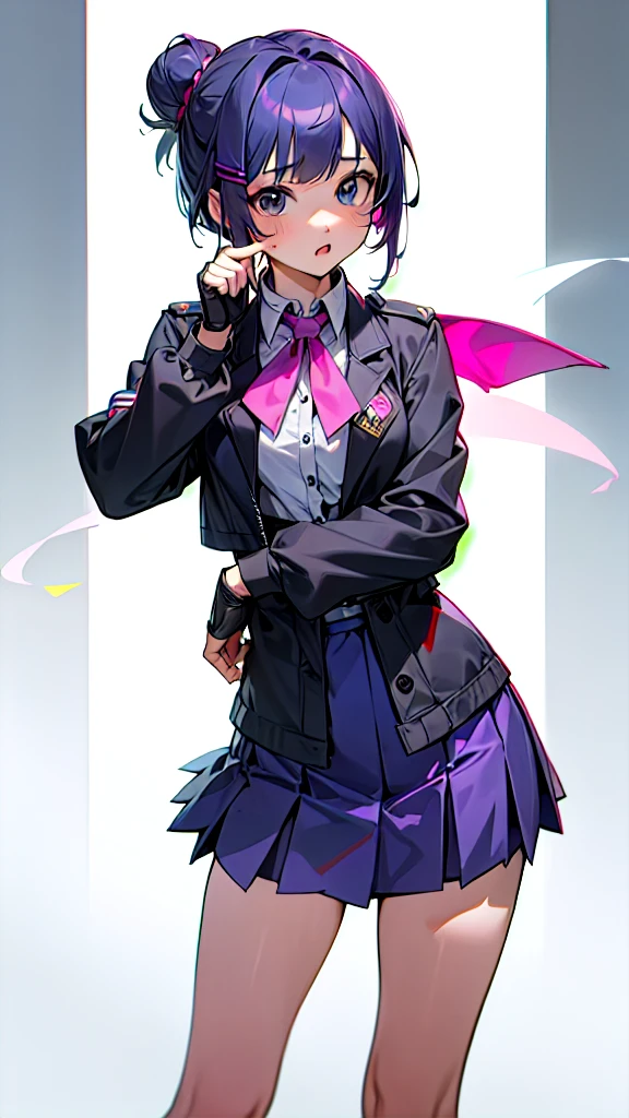 Top Quality, 8K, 4K, High Definition, Detail, (better-quality, 8K, 12), top-quality, 1 girl、purple short bob hair clip tied into a bun、black eyes、small breasts、uniform、gray jacket with pink line、blue skirt、 fingerless gloves、thighs、Ilcha fousing on her, surprise face, having her handon her face, making cute expressing face. picture pose, she is standing up,
