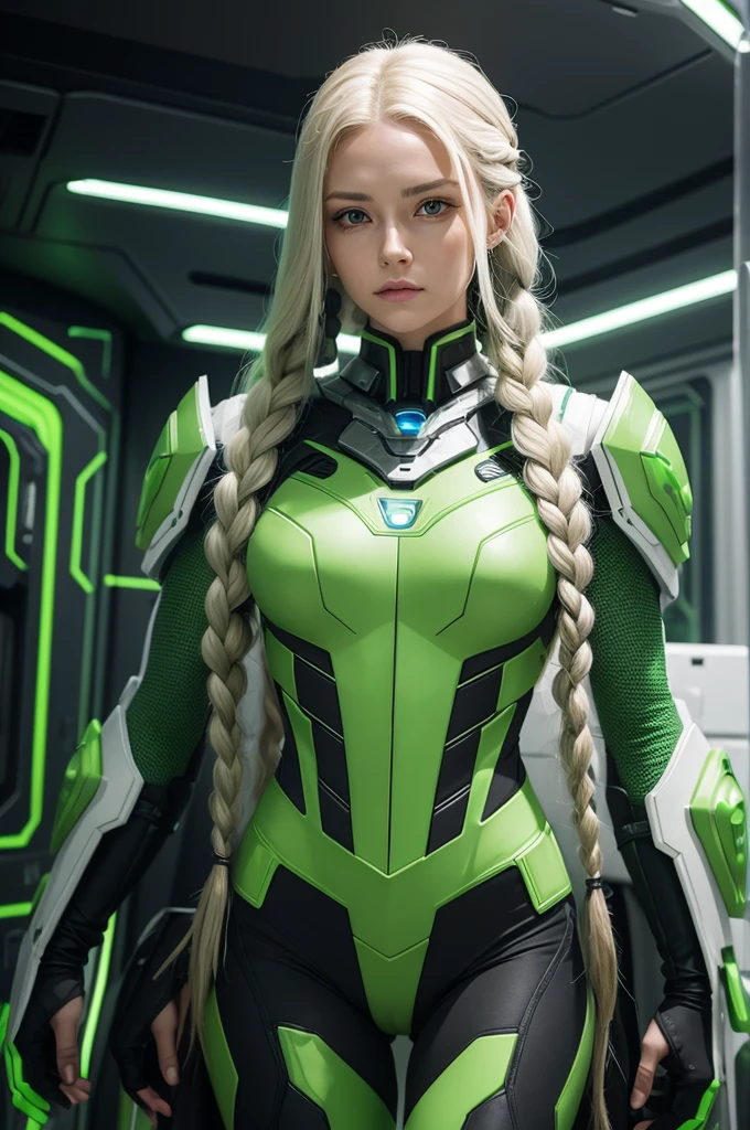 Woman with long braided white hair, wearing green cybernetic armor in the background of a spaceship