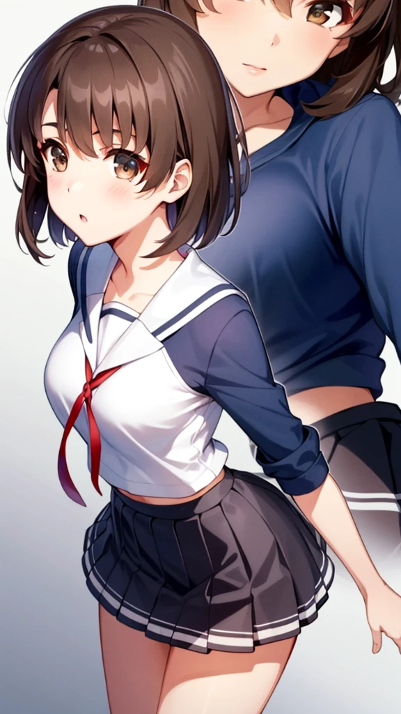 {{{masterpiece}}}, {{{best quality}}}, {{ultra-detailed}}, {illustration}, {{an extremely delicate and beautiful}}, (beautiful detailed eyes:1.6), extremely detailed face, 8k, anime face, Katou Megumi (SAEKANO), cute face, brown hair, short hair, (brown eyes:1.7),bbmegumi, short hair, medium breasts, thin waist, big hips, curvaceous, {{school clothes}}, sailor collar, (blue shirt:1.2), long sleeves, red ribbon tie, pleated skirt, blue skirt, short skirt, thighs, black socks