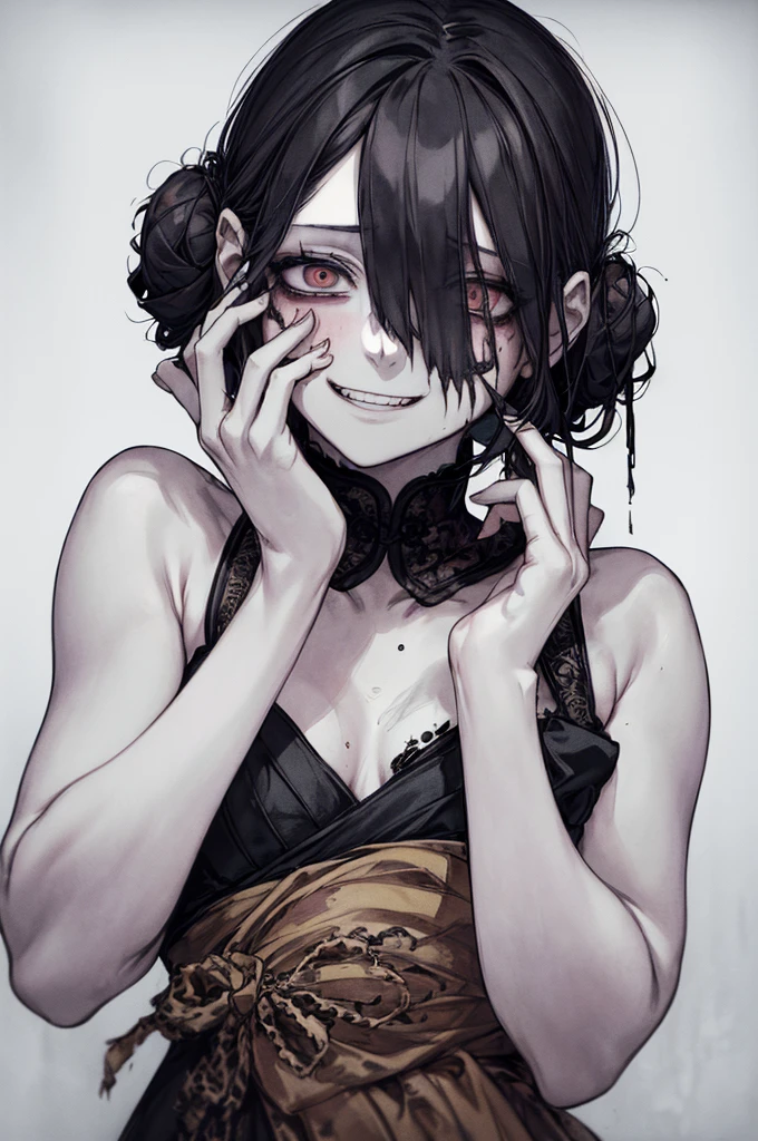 (masterpiece: 1. 2, Highest quality), (Actual photo, Intricate details)、(Anatomically correct), (1 girl, Upper Body, Small breasts、With eyes wide open, Scary atmosphere, Distorted facial expressions, Wicked Smile, Bleeding from the eyes, Blood splatter, whole body, China dress, Twin-tailed bun、Black Hair, (Dark circles under the eyes), pale, Ill, Sickly, Crazy Eyes, ( smirk), Dramatic makeup, Mixed Media Art, White Background