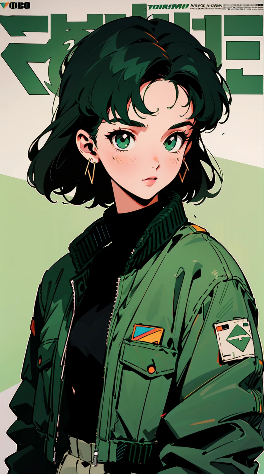 (masterpiece: 1.2, best quality), (1 lady, solo, upper body: 1.2),Detailed face, Black and white,, a girl in a black jacket and green Cargo pants standing, wearing Cargo pants, a green colored bomber jacket, Cargo pants , wearing dark green bomber jacket, black bomber jacket, black rugged clothing, cropped shirt with jacket, black pants, wearing a turtleneck and jacket, a girl wearing a black jacket, bomber jacket, black and green, white and black color scheme ((modern clothes)) Looking at the viewer, looking at the camera,,Magazine cover,a close up of a poster