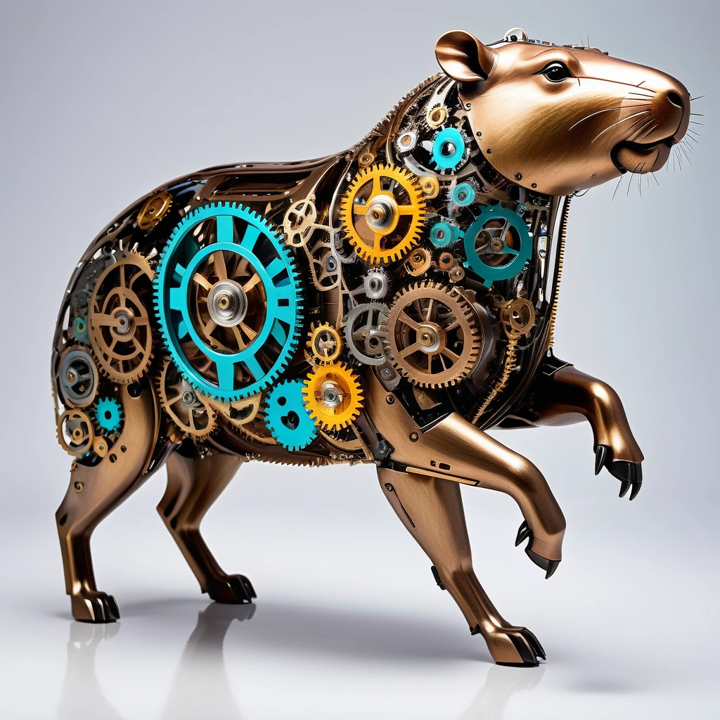 best quality,ultra-detailed,realistic,mechanical,robotic,Capybara sculpture,detailed gears and cogs,stainless steel,moving parts,industrial aesthetic,machinery,steampunk,shiny metallic surface,sharp edges and angles,bright studio lighting,colorful LED lights,mechanical movements,clockwork precision