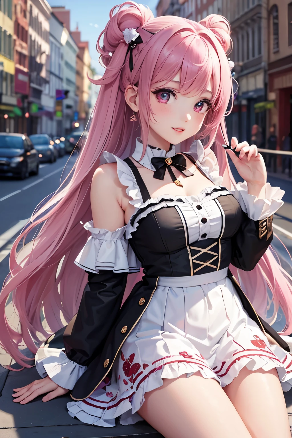 masterpiece, best quality, highly detailed, high resolution, expensive resolution, high resolution, 4K, 8k, Unity 8k wallpaper, highly detailed CG, masterpiece, 2D, 3D, beautiful details, depth, fine texture, best quality: 1.3, perfect focus, crisp skin, him, very cute, 20s girl, him, idol, princess dress, short skirt, outdoor concert, short pigtails, mole under eye, look at the viewer, expensive, blush, mole, open lips, heart, pink eyes, choker