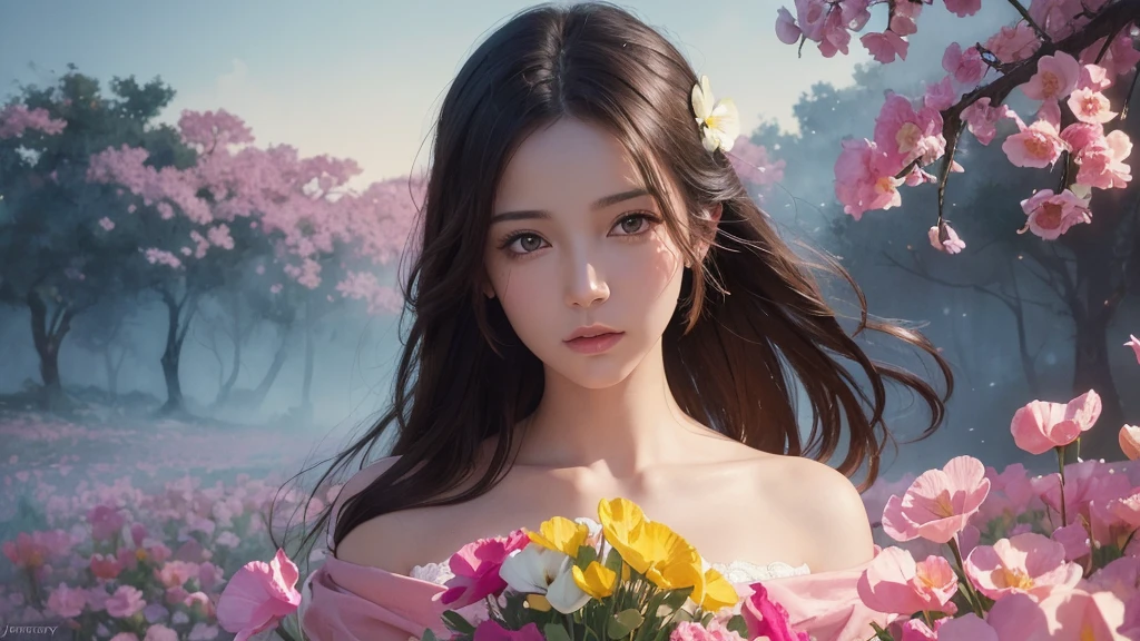 32k, Masterpiece, Highest quality, One girl, Brown Hair, Detailed eyes, flower,sweet pea, Pink and yellow style,A dreamy, romantic piece,Pale pink, Mysterious Leaves,A playful arrangement,Fantasy,High Contrast,Ink strokes,explosion,Exposure, Impression of pink and yellow tones,Abstract,((Watercolours by John Berkey and Jeremy Mann )) Brush strokes,Negative Space, Tyndall effect, White background