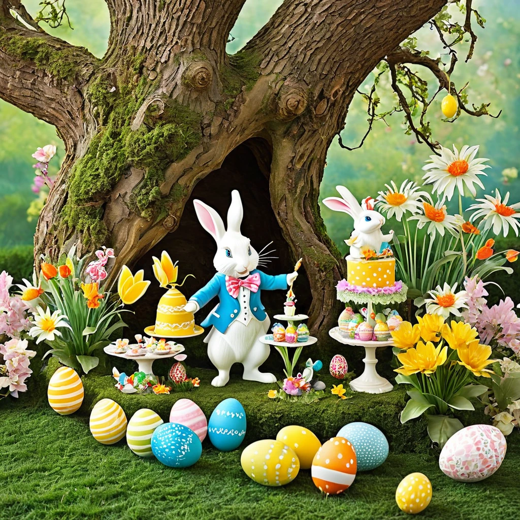 Create a whimsical Easter scene inspired by Alice in Wonderland, with characters like the White Rabbit and Mad Hatter celebrating the holiday.