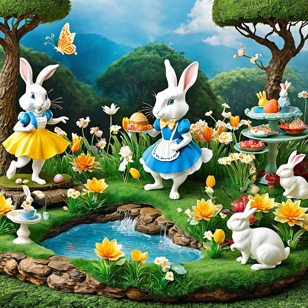 Create a whimsical Easter scene inspired by Alice in Wonderland, with characters like the White Rabbit and Mad Hatter celebrating the holiday.