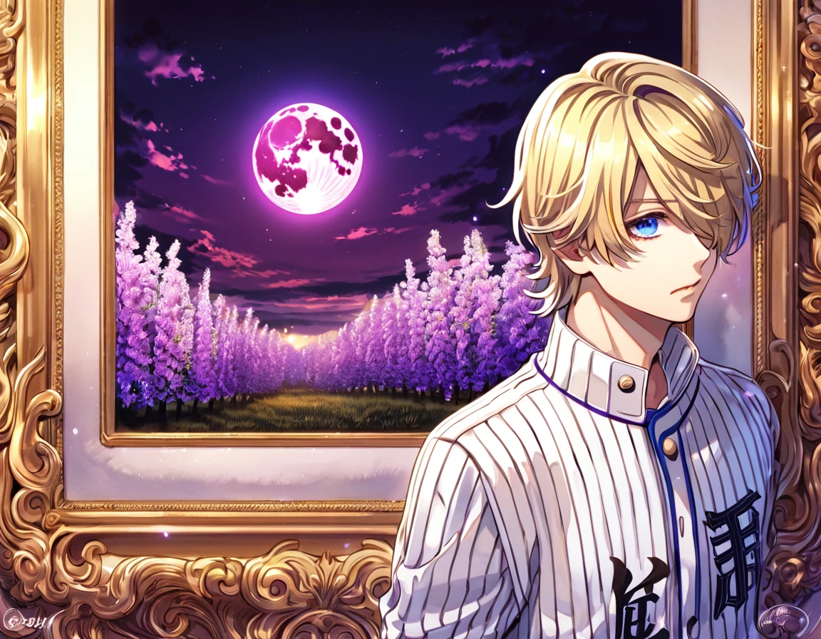 absurdres, highres, ultra detailed, HDR, master piece, best quality, Koushuu Okumura, blond hair, expressive blue eyes, hair over the right eye, Diamond No Ace, solo, sexy man, handsome, white baseball uniform, fantasy, purple moon, purple flowers, purple blossoms, purple petals, fireflies