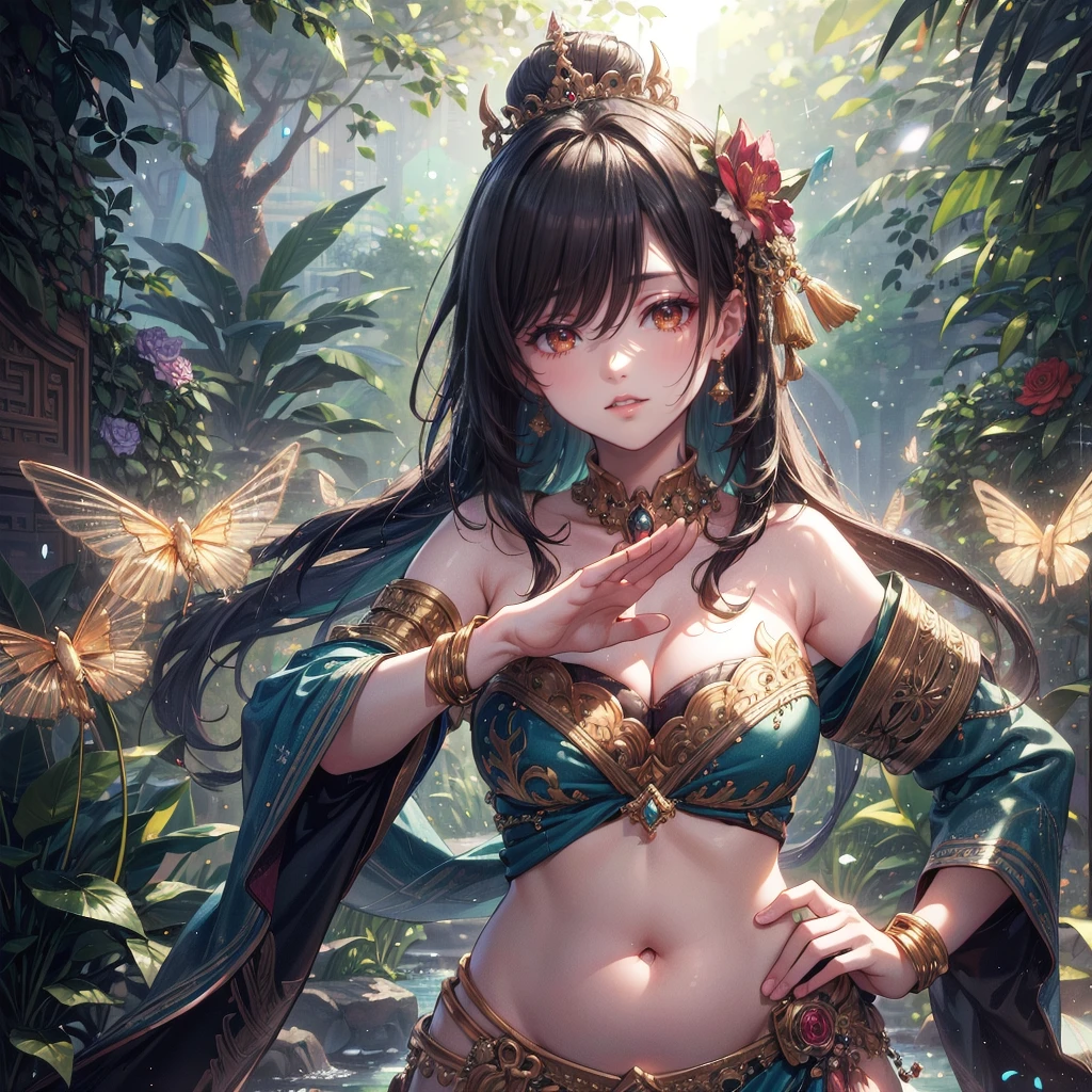 (masterpiece:1.5), (((high qualityสุด, 最high quality, high quality))), ((Intricate details, Very detailed, Crazy Details)), height, 32ก, Very detailedな CG 8k ユニティ壁紙., (Beautiful and beautiful:1.2),, (Depth of written boundary:1.3), (perfection.:1.3), (Delicate depiction of every detail:1.4),Anatomically correct body、
(((Abundant natural light, Fun bright colors))), (Ambient Volume Backlight:1.5),  (An illustration of a very beautiful young woman:1.3),
(Upper Body:1.4), (perfectionな中心:1.4), (Natural Willow Pose:1.5), (((Dynamic pose, Movie Corner))),
(1 Mature Woman:1.5), (alone:1.4),
Beautiful beautiful face, [(Detailed face:1.2):0.2], Bright Eyes, Pure rose face_v1, Urzan-6500-v1.1,  (gag:1.5), (Red lips:1.4), (Fuller lips:1.4), (smile:1.3),
perfection attractive body, (((Accentuates feminine curves.))), Brighter, more radiant skin., Realistic Skin, Hair follicle, (((Tighten your stomach, belly button, between legs:1.3))),
(((Golden threads fluttering.))), (Fringe Tassel:1.3), (Tight long sleeves:1.4), (Single Neck), (The invention is brilliant.:1.5),(Strapless Thai Dress:1.3),(Show me your breasts,The gap is clear.), (Elegant and exquisite clothing accessories:1.5), (jewelled embroidery:1.4), (Sparkly clothes:1.4), (Glowing particles:1.3), (((The front seam is loose., Saggy back seam))), (((Earrings, Armband, Barrette, hair accessory))), (Stand alone in a magical outdoor garden decorated with gems and colorful exotic flowers and shrubs.:1.5), (Outside the great ancient palace:1.5), 