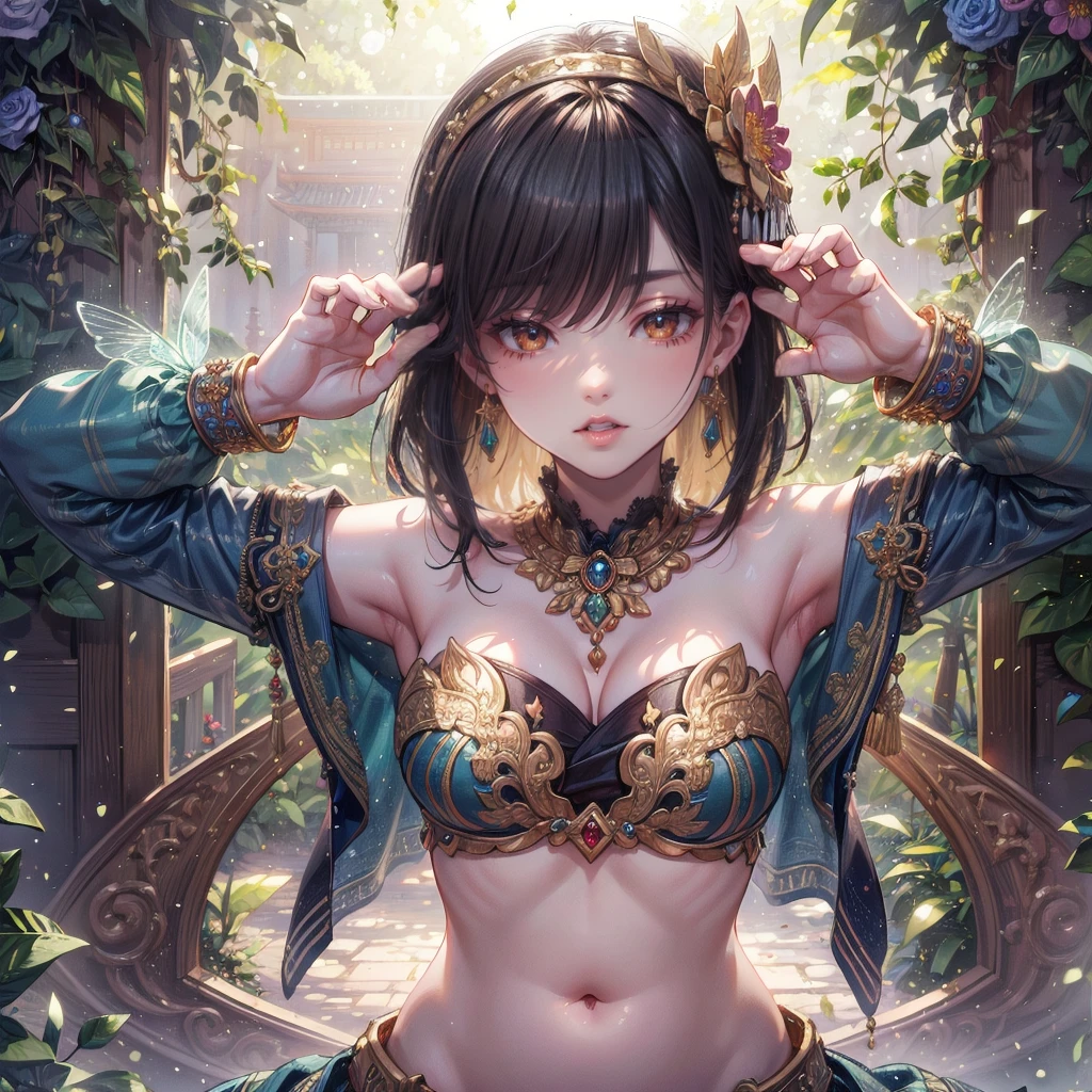 (masterpiece:1.5), (((high qualityสุด, 最high quality, high quality))), ((Intricate details, Very detailed, Crazy Details)), height, 32ก, Very detailedな CG 8k ユニティ壁紙., (Beautiful and beautiful:1.2),, (Depth of written boundary:1.3), (perfection.:1.3), (Delicate depiction of every detail:1.4),Anatomically correct body、
(((Abundant natural light, Fun bright colors))), (Ambient Volume Backlight:1.5),  (An illustration of a very beautiful young woman:1.3),
(Upper Body:1.4), (perfectionな中心:1.4), (Natural Willow Pose:1.5), (((Dynamic pose, Movie Corner))),
(1 Mature Woman:1.5), (alone:1.4),
Beautiful beautiful face, [(Detailed face:1.2):0.2], Bright Eyes, Pure rose face_v1, Urzan-6500-v1.1,  (gag:1.5), (Red lips:1.4), (Fuller lips:1.4), (smile:1.3),
perfection attractive body, (((Accentuates feminine curves.))), Brighter, more radiant skin., Realistic Skin, Hair follicle, (((Tighten your stomach, belly button, between legs:1.3))),
(((Golden threads fluttering.))), (Fringe Tassel:1.3), (Tight long sleeves:1.4), (Single Neck), (The invention is brilliant.:1.5),(Strapless Thai Dress:1.3),(Show me your breasts,The gap is clear.), (Elegant and exquisite clothing accessories:1.5), (jewelled embroidery:1.4), (Sparkly clothes:1.4), (Glowing particles:1.3), (((The front seam is loose., Saggy back seam))), (((Earrings, Armband, Barrette, hair accessory))), (Stand alone in a magical outdoor garden decorated with gems and colorful exotic flowers and shrubs.:1.5), (Outside the great ancient palace:1.5), 