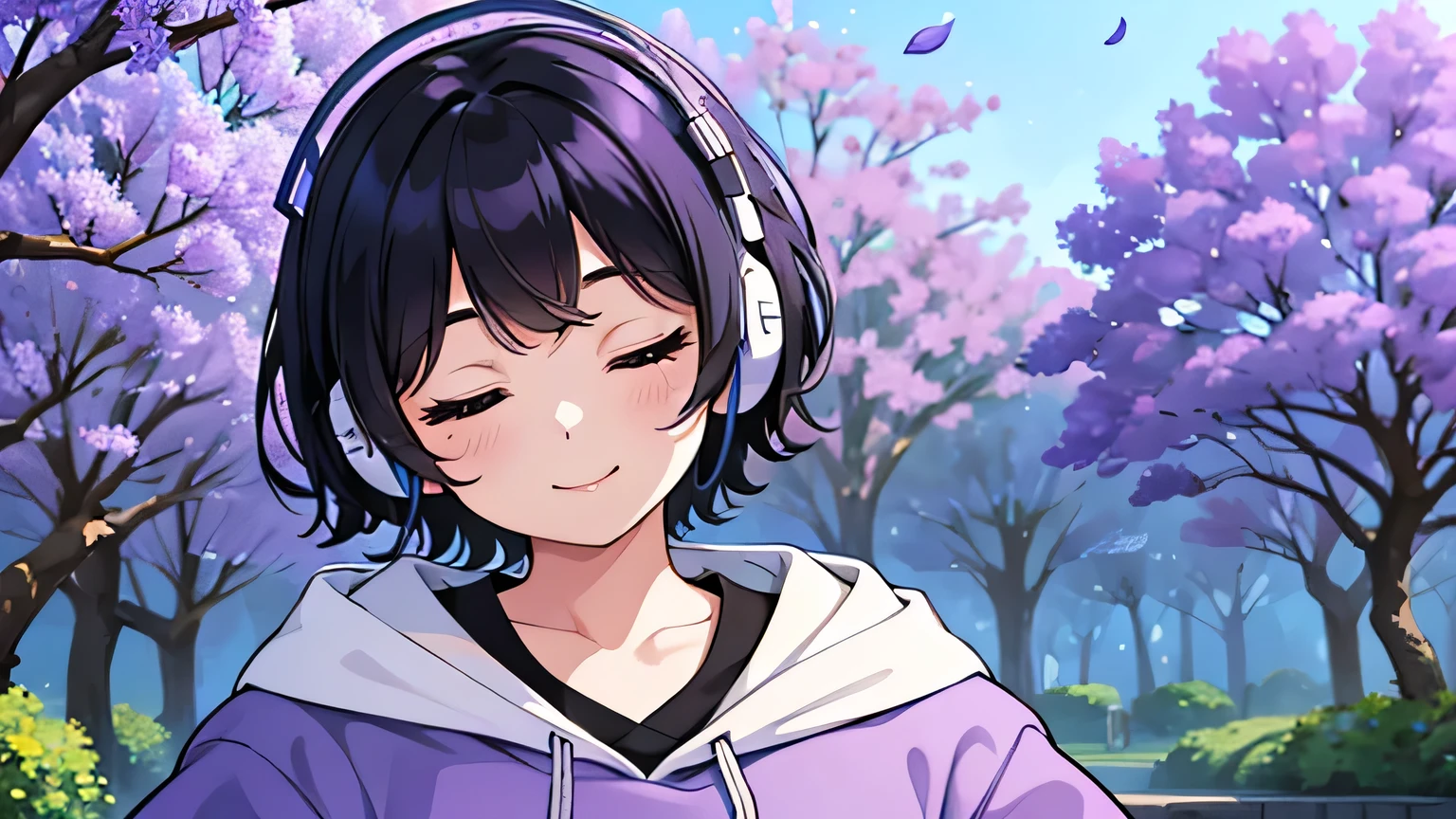 1girl, solo, gentle smile on her face flat chest, short hair, black hair, upper body, ((masterpiece, illustration, best quality)) ((best quality)), ((masterpiece)), (detailed), perfect face, sitting under the Blue Jacaranda (Jacaranda mimosifolia), listening to music, One woman, wearing headphones, eyes closed, wearing a hoodie