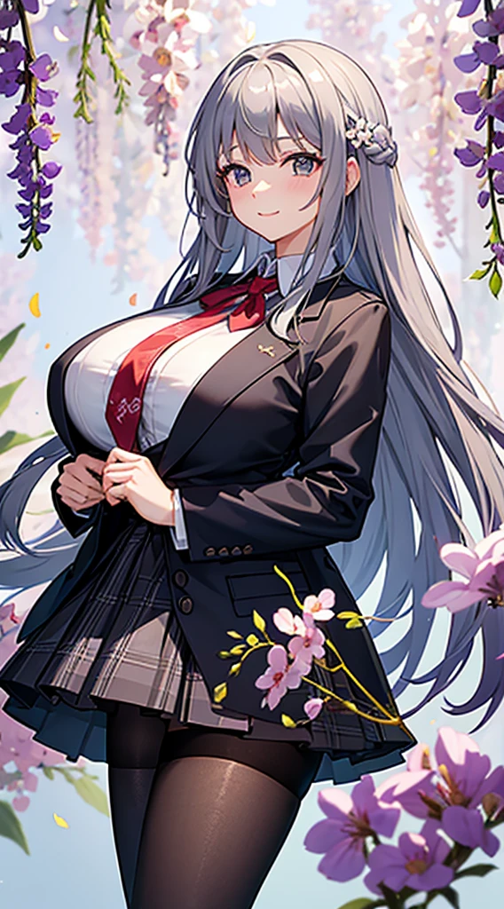 A girl standing in front of a tree,粉红色的Flowering在枝头绽放,1 sister,author:bangare tree,suit,Bow,Neck tie,Branches,Sakura NS,领shirt,Daysiealling petalorest background,Flowering,graduate,Sea of Flowers,jacket,Long gray hair,Long sleeve,Looking at the audience,Lure,Lace Hose,petal,粉红色的Flowering,What about the plaid?,Pleated Skirt,club,Uniforms,shirt,skirt,Smile,solo,spring \ (season \),The Tree,Wisteria - anime ,Black silk pantyhose,fat,Huge breasts