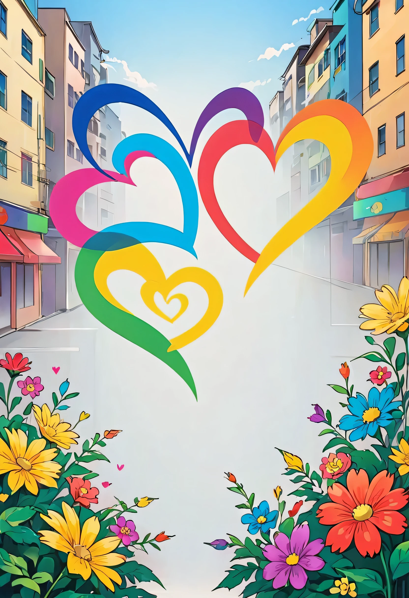 Watase Seizo style, Simple Line Initialism,Abstract art,Urban Background, colorful hearts, colorful flowers, no people