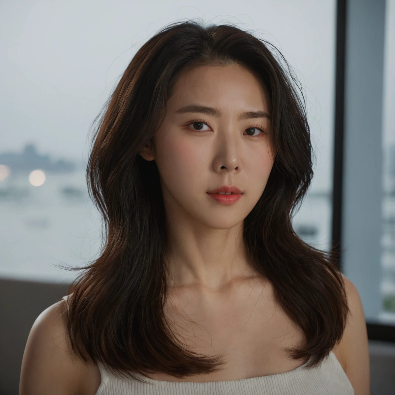 Best Quality, 8k, Masterpiece, (Portrait: 1.3), (photo realistic:1.4), (hyper realistic:1.4), Sharp Focus, looking at viewer, (smoother lighting:1.1), (increase cinematic lighting quality:0.9), realistic lighting, backlighting, light on face, ray trace, (brightening light:1.2), (Increase quality:1.4), sharp detail, (best quality real texture skin:1.4), finely detailed eyes, black_eyes, finely detailed face, 25 year old Korean woman