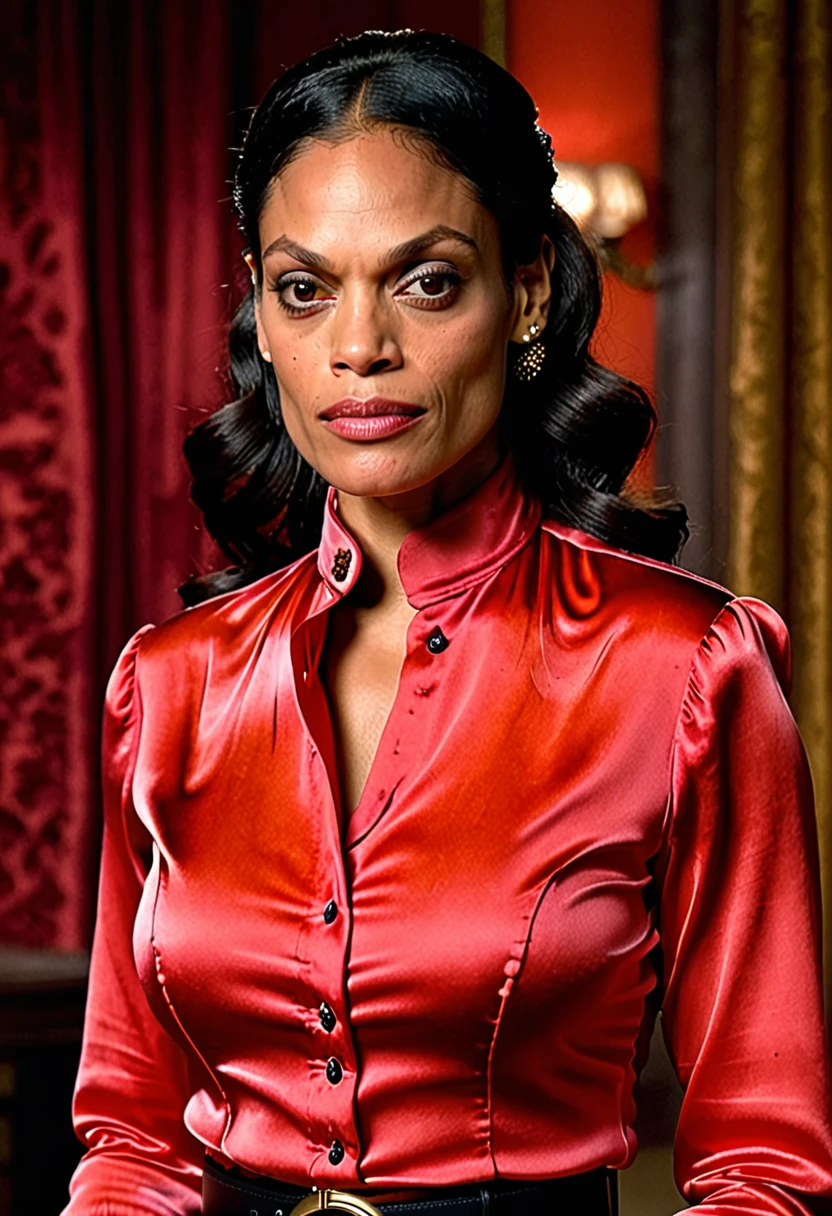 (angry muscular thicc evil rosario dawson sad and angry with flared nostrils and furrowed brows:1.4), (wearing a closed satin skintight silk buttoned mandarin collar blouse with large shoulder-pads and extremely tight satin belt:1.6), tight hairbun, silk gloves, neck defined, waist defined