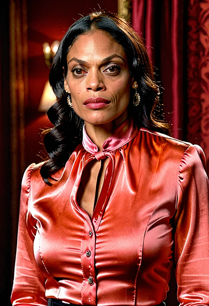 (angry muscular thicc evil rosario dawson sad and angry with flared nostrils and furrowed brows:1.4), (wearing a closed satin skintight silk buttoned mandarin collar blouse with large shoulder-pads and extremely tight satin belt:1.6), tight hairbun, silk gloves, neck defined, waist defined
