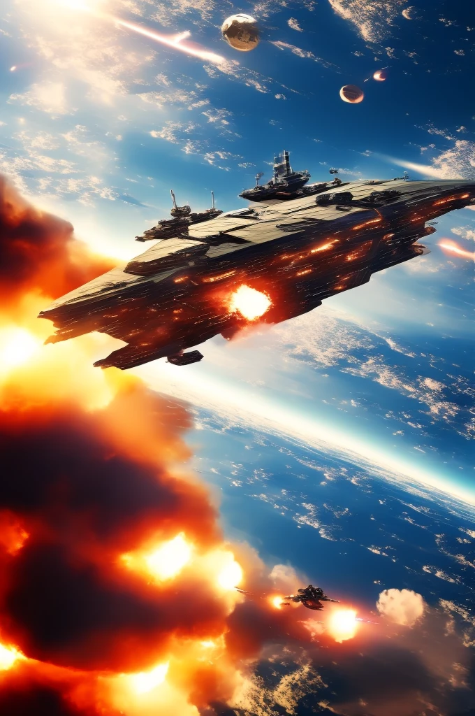 an interstellar warship floating over Earth and shooting weapon fire down to the surface in a stream, masterpiece, best, photo realistic orbital bombardment, epic