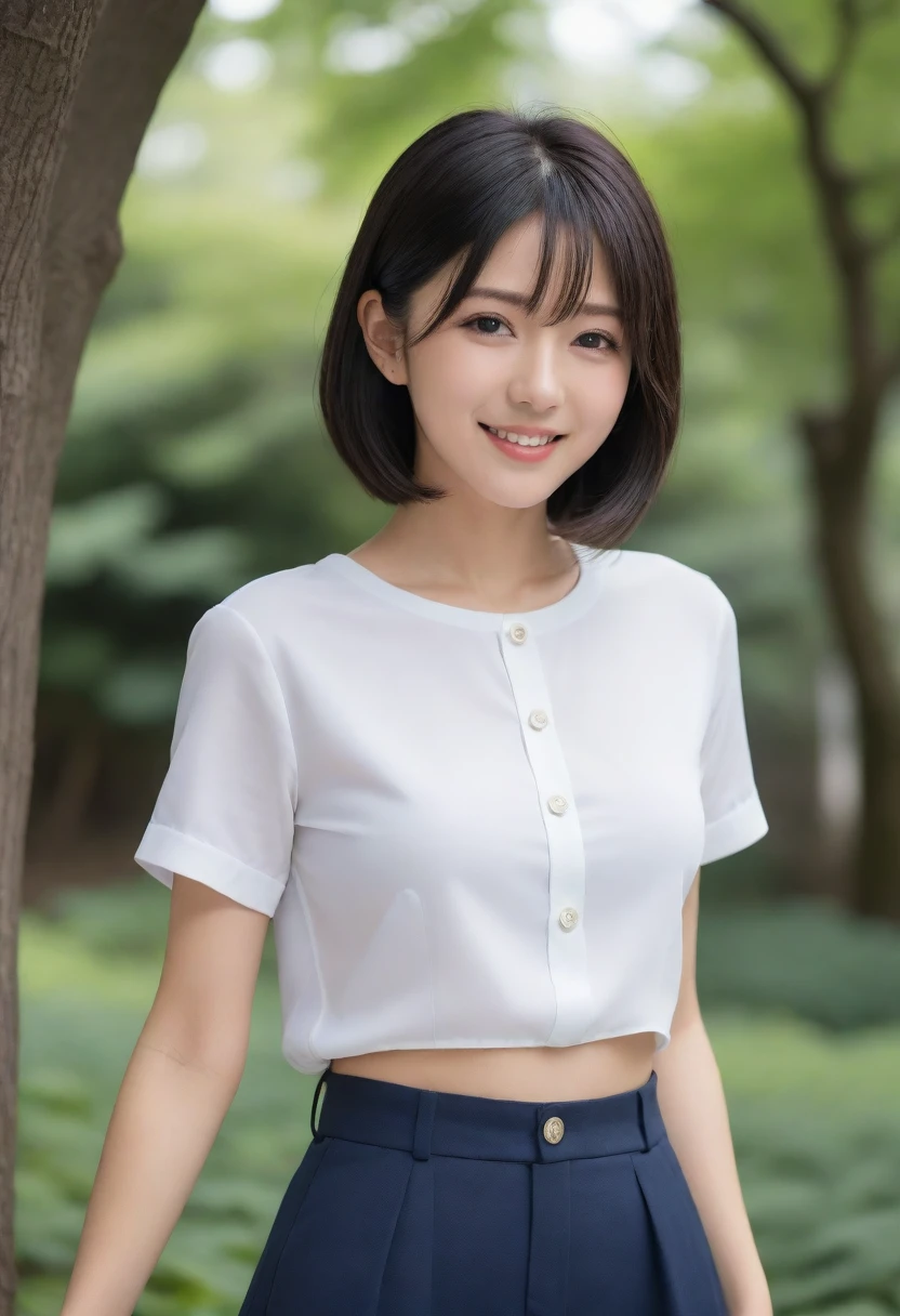 8K, Ultra-high resolution, Highest quality, masterpiece, 三分割法によるphotograph,Surreal, photograph, 1 Girl, (:1.3), pretty girl, Cute face, Beautiful eyes in every detail, 細かくdetailedに,masterpiece,, One Girl:1.2, Japan Female Announcer,upper body,Outdoor,street tree,White blouse,The chest buttons are open,Refreshing sweat,Full of sex appeal,Sensual,A carefree smile,Heal the heart,Black Hair,Short Bob,Looking at the audience、beauty,Long neck、Laugh a little、Please close your mouth and laugh、(((Ideal body type))),A cup small breasts :2,、Portraiture:2、Perfect Anatomy、鮮明なdetailed、detailed、Surreal、Light and shadow,Strong light