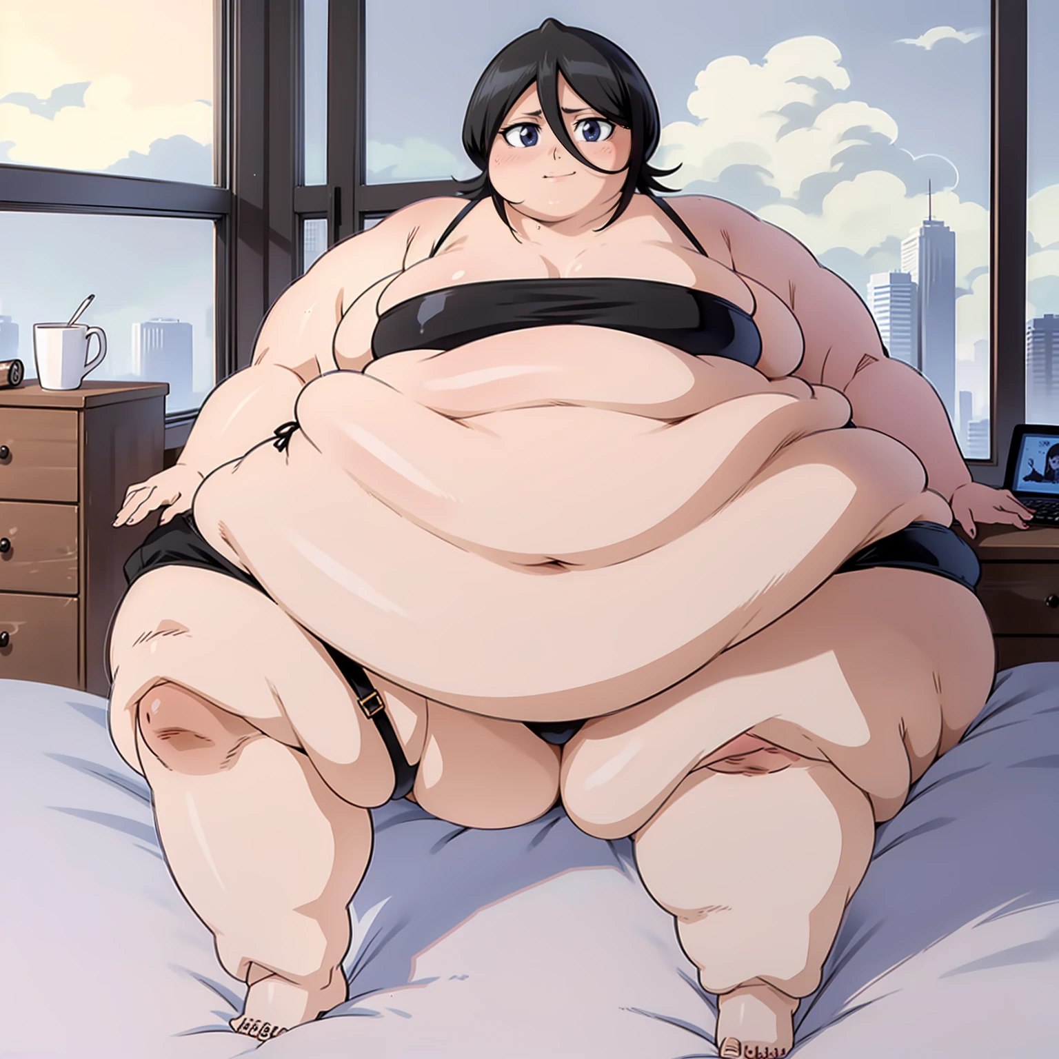 A very obese big girl, ((blob)), short blue hair, black bikini, perfect body, in a bed, very fat limbs, a big fat belly,