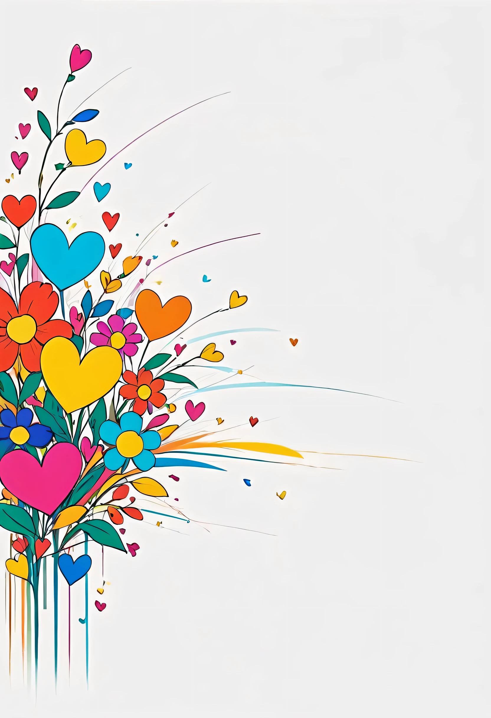 Watase Seizo style, Simple Line Initialism,Abstract art,Urban Background, colorful hearts, colorful flowers, no people