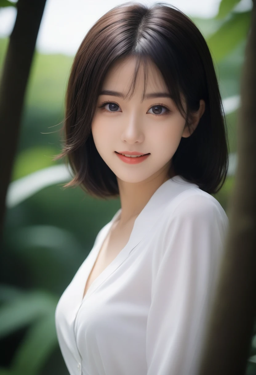8K, Ultra-high resolution, Highest quality, masterpiece, 三分割法によるphotograph,Surreal, photograph, 1 Girl, (16 years old:1.3), pretty girl, Cute face, Beautiful eyes in every detail, 細かくdetailedに,masterpiece,, One Girl:1.2, Japan Female Announcer,upper body,Outdoor,street tree,White blouse,The chest buttons are open,Refreshing sweat,Full of sex appeal,Sensual,A carefree smile,Heal the heart,Black Hair,Short Bob,Looking at the audience、beauty,Long neck、Laugh a little、Please close your mouth and laugh、(((Ideal body type))),A cup small breasts :2,、Portraiture:2、Perfect Anatomy、鮮明なdetailed、detailed、Surreal、Light and shadow,Strong light