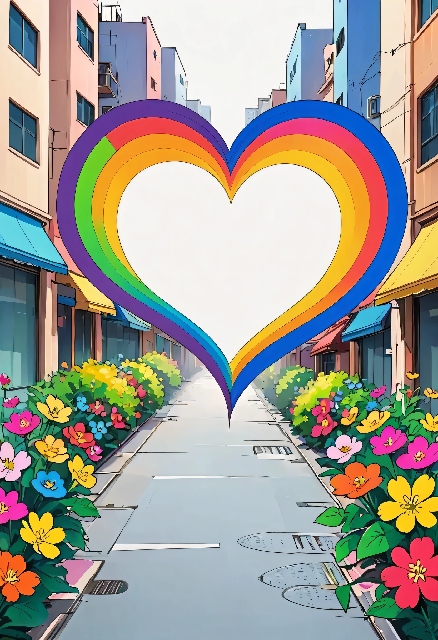 Watase Seizo style, Simple Line Initialism,Abstract art,Urban Background, colorful hearts, colorful flowers, no people
