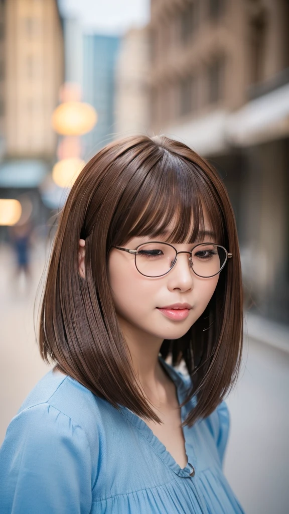 Highest quality, Realistic, 8K, High resolution, 1 Girl, woman, (Skin Dentition), (Portraiture: 0.6), nice,  ((Big round breasts、Straight Watching Viewers: 1.8, (1 Girl Eyes, Medium length hair, Brown Hair, Parted bangs : 1.65), Realistic, (Bokeh), (Mouth closed: 1.46), nice, whole body、きれいなwoman、Glasses、Single、City、outside、street、Light blue dress、slim