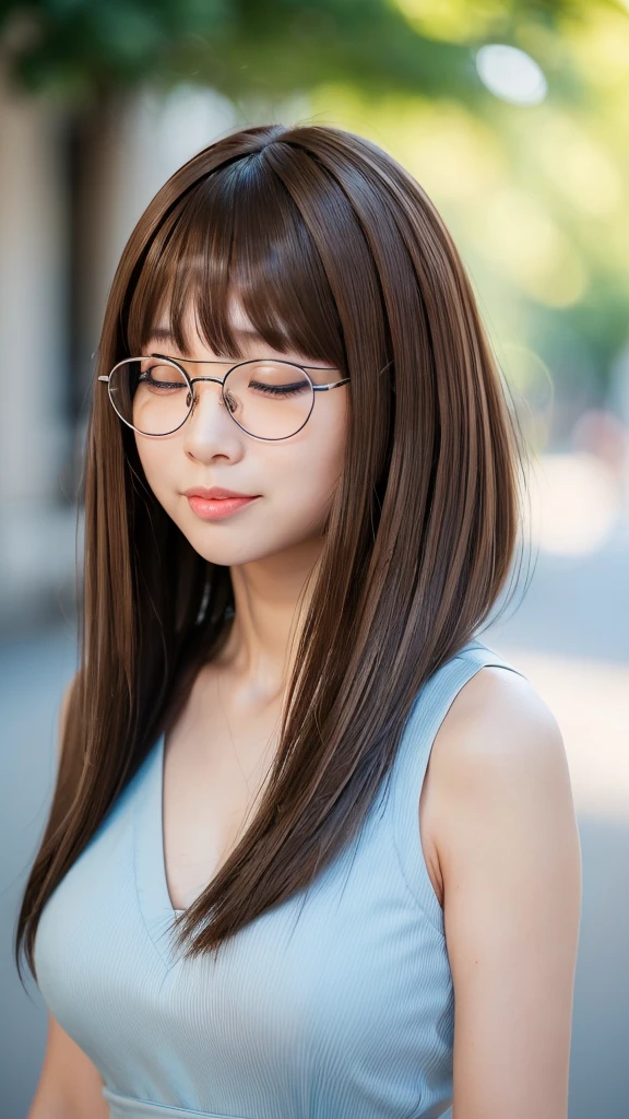 Highest quality, Realistic, 8K, High resolution, 1 Girl, woman, (Skin Dentition), (Portraiture: 0.6), nice,  ((Big round breasts、Straight Watching Viewers: 1.8, (1 Girl Eyes, Medium length hair, Brown Hair, Parted bangs : 1.65), Realistic, (Bokeh), (Mouth closed: 1.46), nice, whole body、きれいなwoman、Glasses、Single、City、outside、street、Light blue dress、slim
