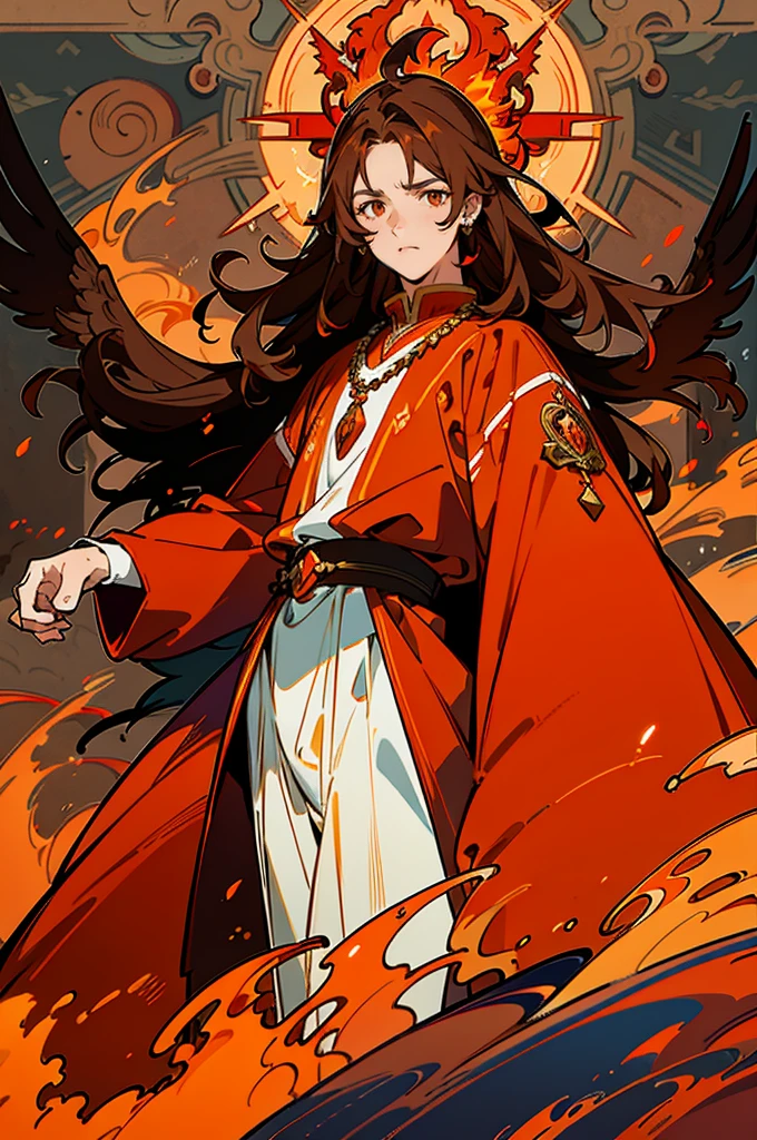 High quality digital painting of a young man with long brown hair and piercing orange eyes, adorned in medieval costume, controlling vibrant flames with a pair of enormous red wings sprouting from his back, intense and powerful, detailed hair and facial features no facial hair and no fire or accessories on the face looking forward, fiery and majestic, fancy, color palette Vibrantes, dramatic lighting