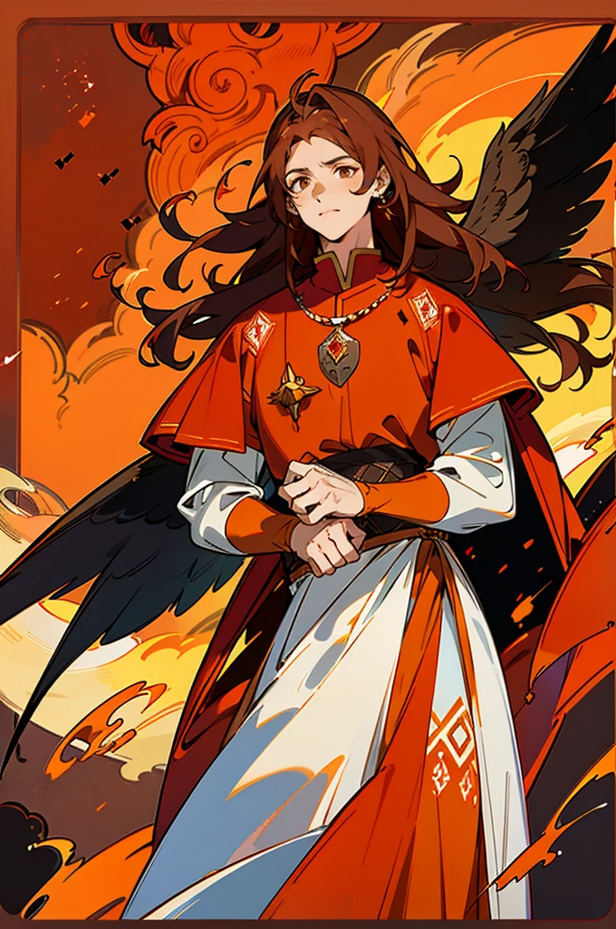 High quality digital painting of a young man with long brown hair and piercing orange eyes, adorned in medieval costume, controlling vibrant flames with a pair of enormous red wings sprouting from his back, intense and powerful, detailed hair and facial features no facial hair and no fire or accessories on the face looking forward, fiery and majestic, fancy, color palette Vibrantes, dramatic lighting