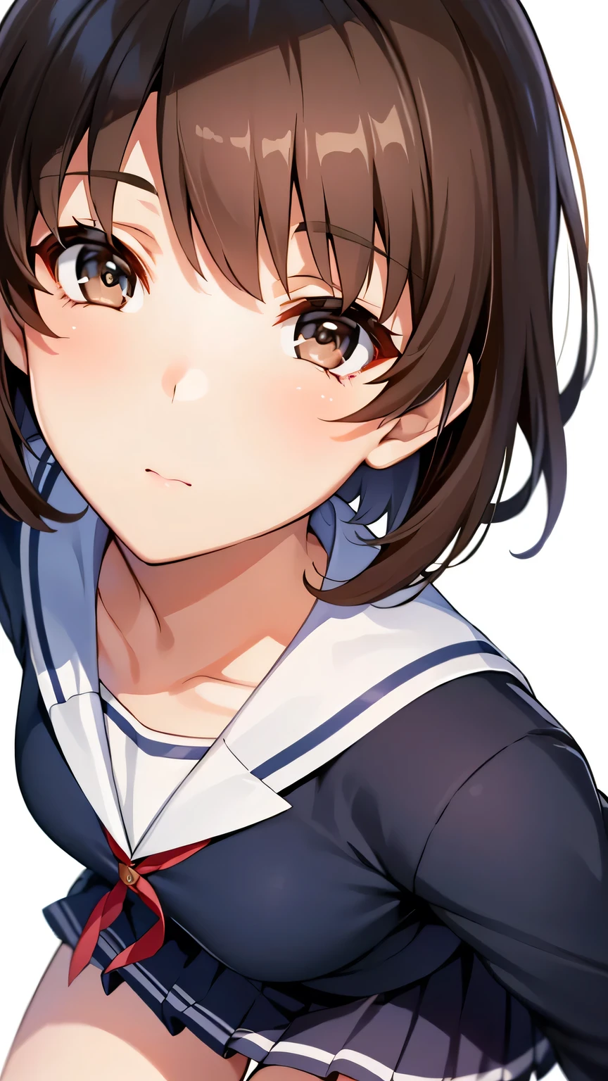 {{{masterpiece}}}, {{{best quality}}}, {{ultra-detailed}}, {illustration}, {{an extremely delicate and beautiful}}, (beautiful detailed eyes:1.6), extremely detailed face, 8k, anime face, Katou Megumi (SAEKANO), cute face, brown hair, short hair, (brown eyes:1.7),bbmegumi, short hair, medium breasts, thin waist, big hips, curvaceous, {{school clothes}}, sailor collar, (blue shirt:1.2), long sleeves, red ribbon tie, pleated skirt, blue skirt, short skirt, thighs, black socks