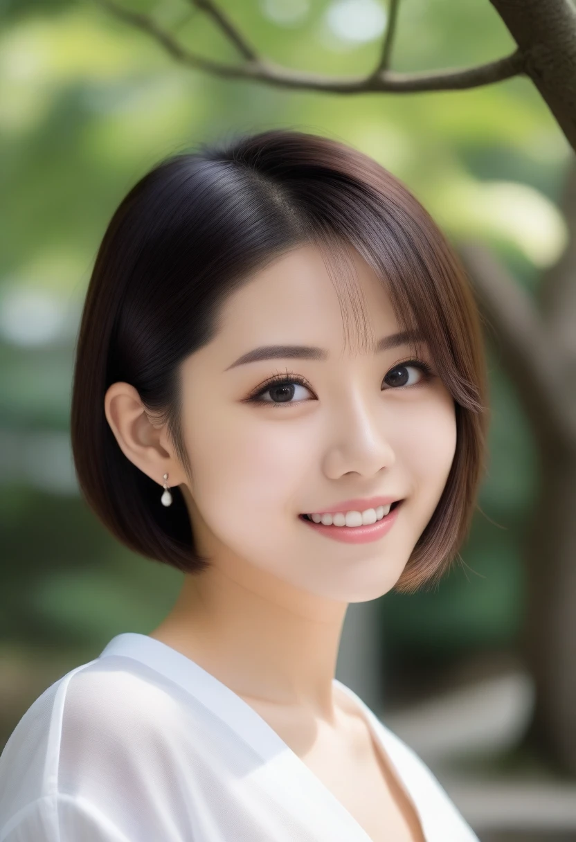 8K, Ultra-high resolution, Highest quality, masterpiece, 三分割法によるphotograph,Surreal, photograph, 1 Girl, (:1.3), pretty girl, Cute face, Beautiful eyes in every detail, 細かくdetailedに,masterpiece,, One Girl:1.2, Japan Female Announcer,upper body,Outdoor,street tree,White blouse,The chest buttons are open,Refreshing sweat,Full of sex appeal,Sensual,A carefree smile,Heal the heart,Black Hair,Short Bob,Looking at the audience、beauty,Long neck、Laugh a little、Please close your mouth and laugh、(((Ideal body type))),A cup small breasts :2,、Portraiture:2、Perfect Anatomy、鮮明なdetailed、detailed、Surreal、Light and shadow,Strong light