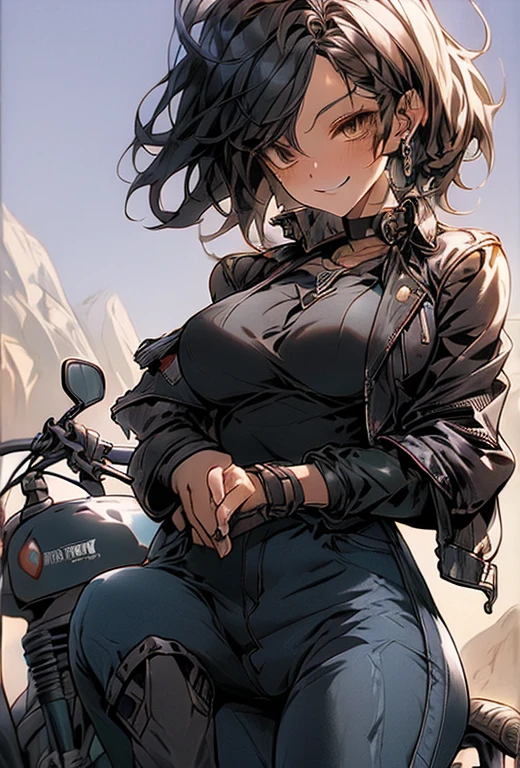 female, short messy black hair, aviator sunglasses, cigarette in mouth, black leather jacket, worn jeans, leather boots, huge chopper bike, desert landscape, sun above, bike gang, close up, huge breasts, defiant smile, leaning back, standing, legs crossed, crossed arms, dusk, tall