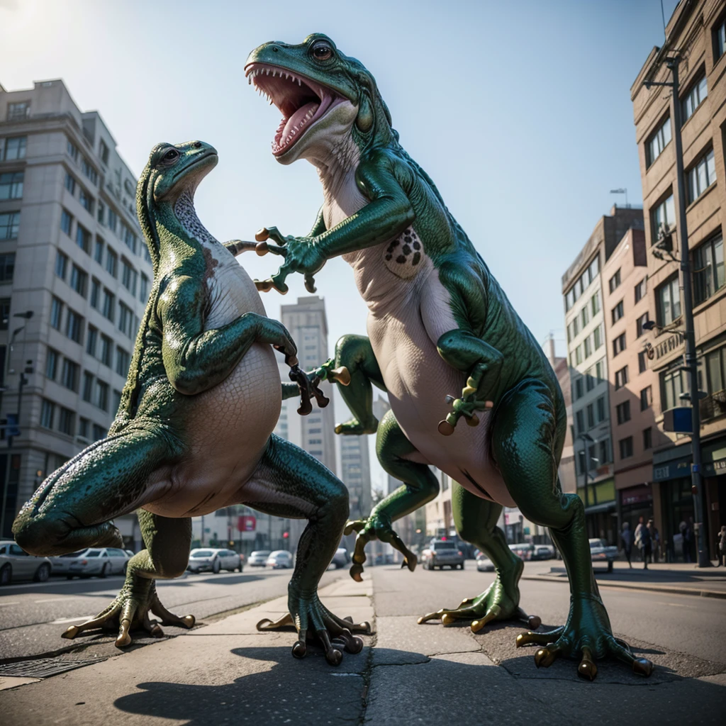 Dancing frog shaking hands with a dinosaur mounted on top of a pigeon that is dancing funk