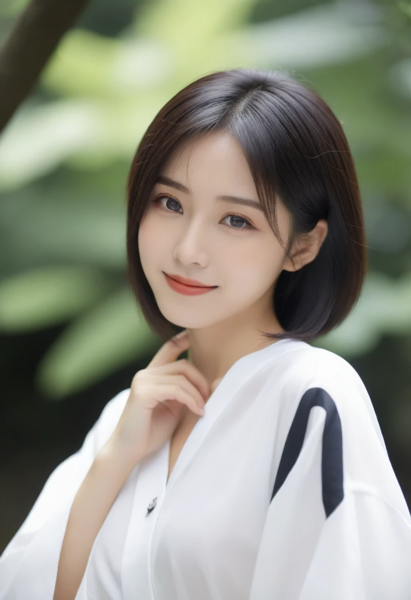 8K, Ultra-high resolution, Highest quality, masterpiece, 三分割法によるphotograph,Surreal, photograph, 1 Girl, (:1.3), pretty girl, Cute face, Beautiful eyes in every detail, 細かくdetailedに,masterpiece,, One Girl:1.2, Japan Female Announcer,upper body,Outdoor,street tree,White blouse,The chest buttons are open,Refreshing sweat,Full of sex appeal,Sensual,A carefree smile,Heal the heart,Black Hair,Short Bob,Looking at the audience、beauty,Long neck、Laugh a little、Please close your mouth and laugh、(((Ideal body type))),A cup small breasts :2,、Portraiture:2、Perfect Anatomy、鮮明なdetailed、detailed、Surreal、Light and shadow,Strong light
