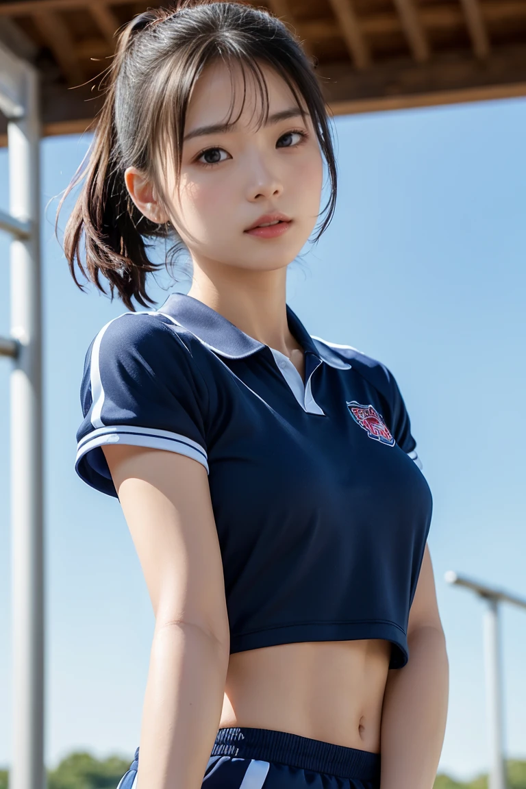 japanese girl、girl in her 20s、perfect body shape、Transparency、big breasts、polo shirt、navy blue skirt、fiery idol pose、Japanese gravure idol、sensual look、shiny thighs